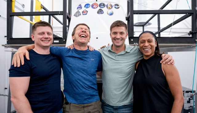Crew-8 poses for a group photo after completing its first full week of training at SpaceX in Hawthorne, California. From left, are Mission Specialist Aleksandr Grebenkin from Roscosmos, and Pilot Michael Barratt, Commander Matthew Dominick, and Mission Specialist Jeanette Epps, all from NASA. Credit: SpaceX