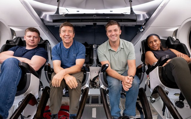 Crew-8 poses for a group photo inside the Dragon capsule during their first week of training at SpaceX in Hawthorne, California. From left, are Mission Specialist Aleksandr Grebenkin from Roscosmos, and Pilot Michael Barratt, Commander Matthew Dominick, and Mission Specialist Jeanette Epps, all from NASA. Credit: SpaceX