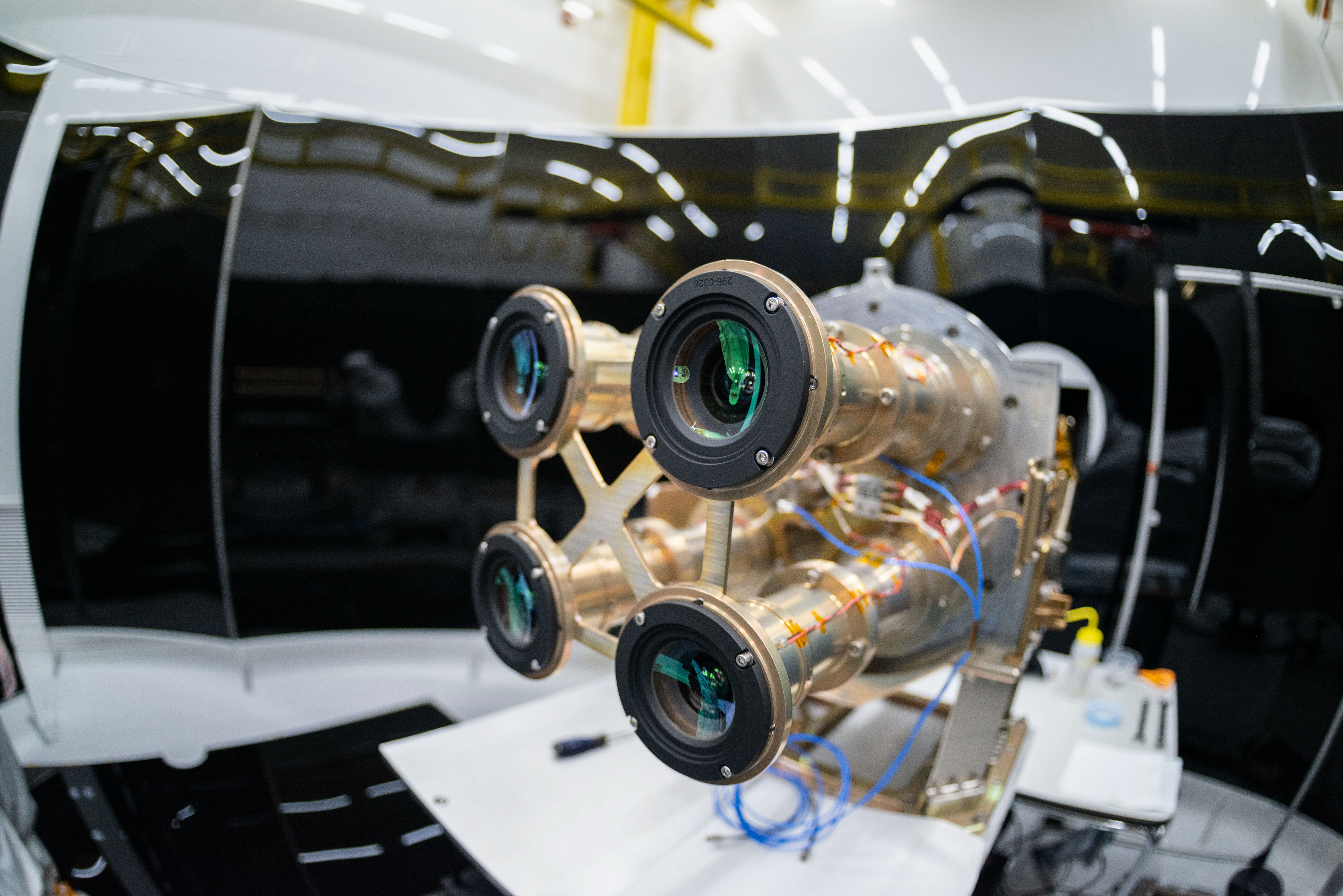 Preflight image of the four Atmospheric Waves Experiment (AWE) telescopes at Space Dynamics Laboratory (SDL) facilities on Utah State University’...