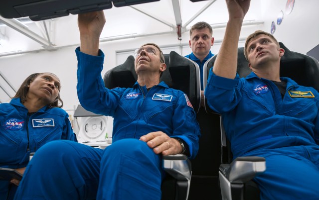 The four SpaceX Crew-8 crew members (from left) Jeanette Epps and Michael Barratt, both NASA astronauts; Alexander Grebenkin from Roscosmos; and Matthew Dominick from NASA; are pictured during a training session at SpaceX headquarters in Hawthorne, California. Credit: SpaceX