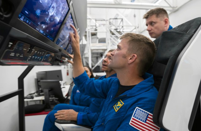 SpaceX Crew-8 crew members (from left) Michael Barratt and Matthew Dominick, both from NASA, and Alexander Grebenkin from Roscosmos are pictured during a training session at SpaceX headquarters in Hawthorne, California. Credit: SpaceX
