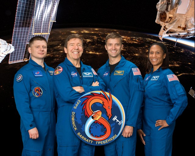 Official SpaceX Crew-8 portrait with Roscosmos cosmonaut and Mission Specialist Aleksandr Grebenkin, and Pilot Michael Barratt, Commander Matthew Dominick, and Mission Specialist Jeanette Epps, all three NASA astronauts.
