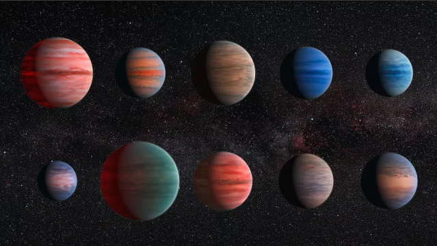 An artistic representation of 10 hot Jupiters, studied with the Hubble and Spitzer space telescopes.