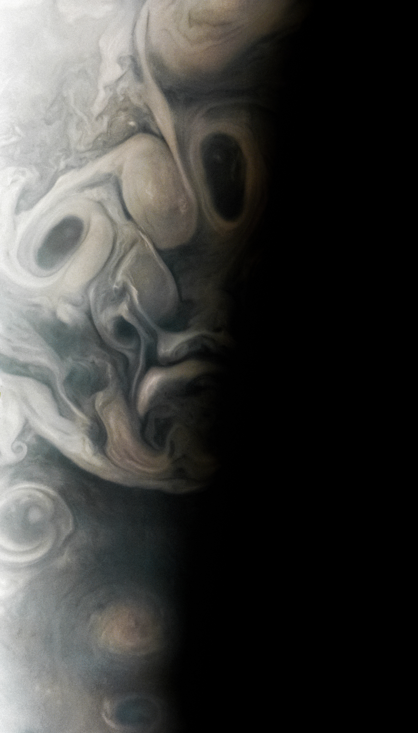 The image shows turbulent clouds and storms along Jupiter’s terminator, the dividing line between the day and night sides of the planet. The low angle of sunlight highlights the complex topography of features in this region, which scientists have studied to better understand the processes playing out in Jupiter’s atmosphere.