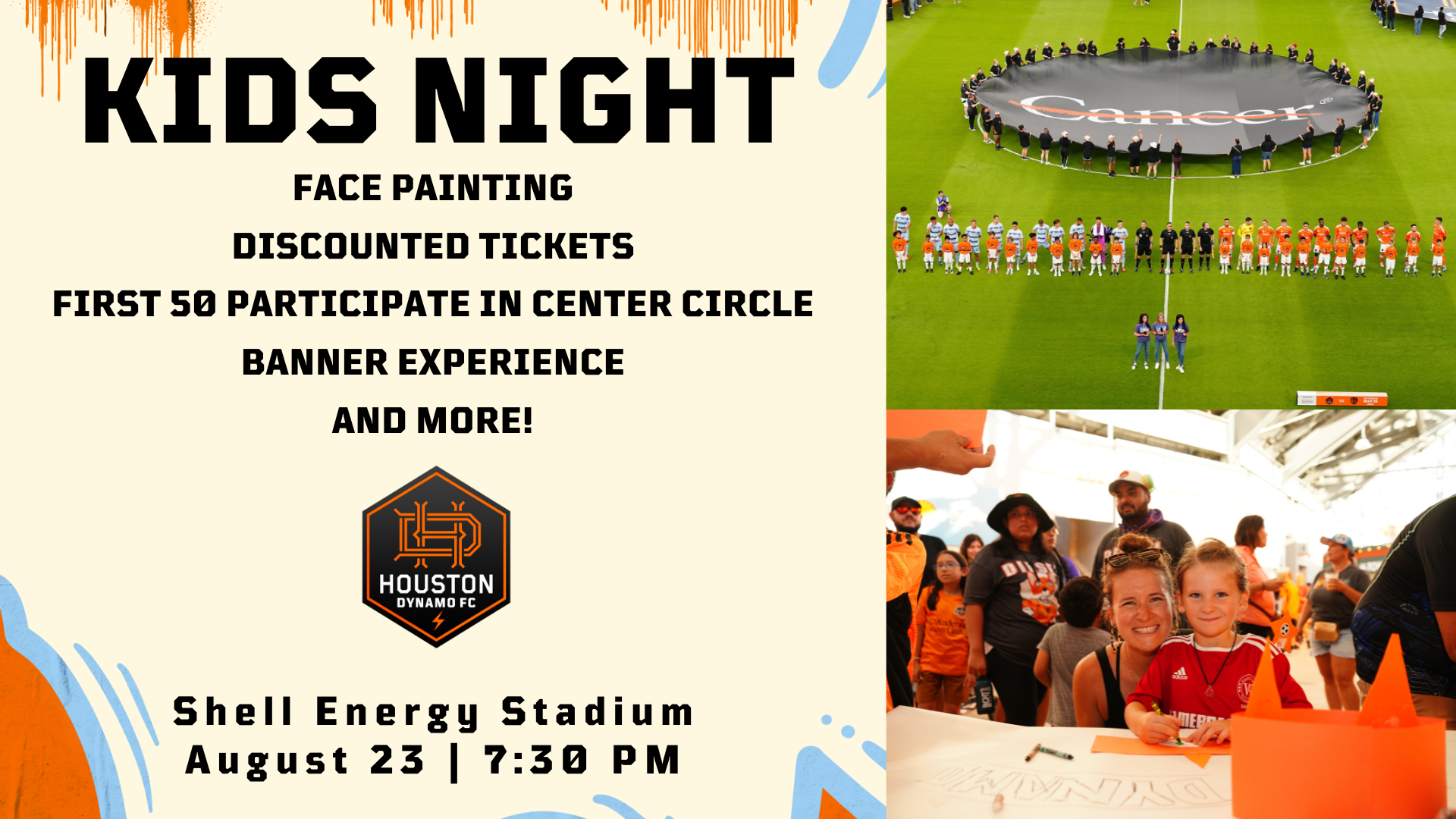 A flyer for Kid's Night with the Houston Dynamo on August 23, 2025.