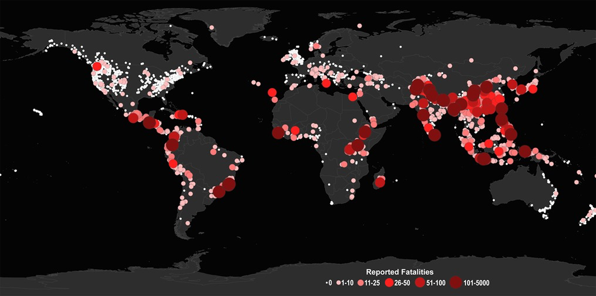 A map of Earth, with oceans shaded as black and land as gray. There are numerous circles of differing sizes covering the maps, with colors from white to pink to dark red indicating the number of reported landslide-related fatalities in each region. Many of these fatalaties are concetrated in South and Central America, Asia, India, and the South Pacific Islands, and coastal regions of each continent.