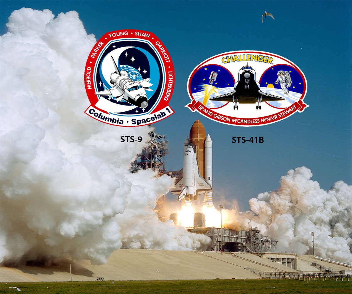 Images of the STS-9 and STS-41B mission patches overlayed on the STS-41C launch.