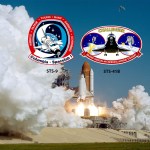 Images of the STS-9 and STS-41B mission patches overlayed on the STS-41C launch.