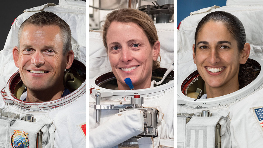 From left, astronauts Andreas Mogensen, Loral O'Hara, and Jasmin Moghbeli are pictured in their spacesuits training for spacewalks on Earth. Credit: NASA