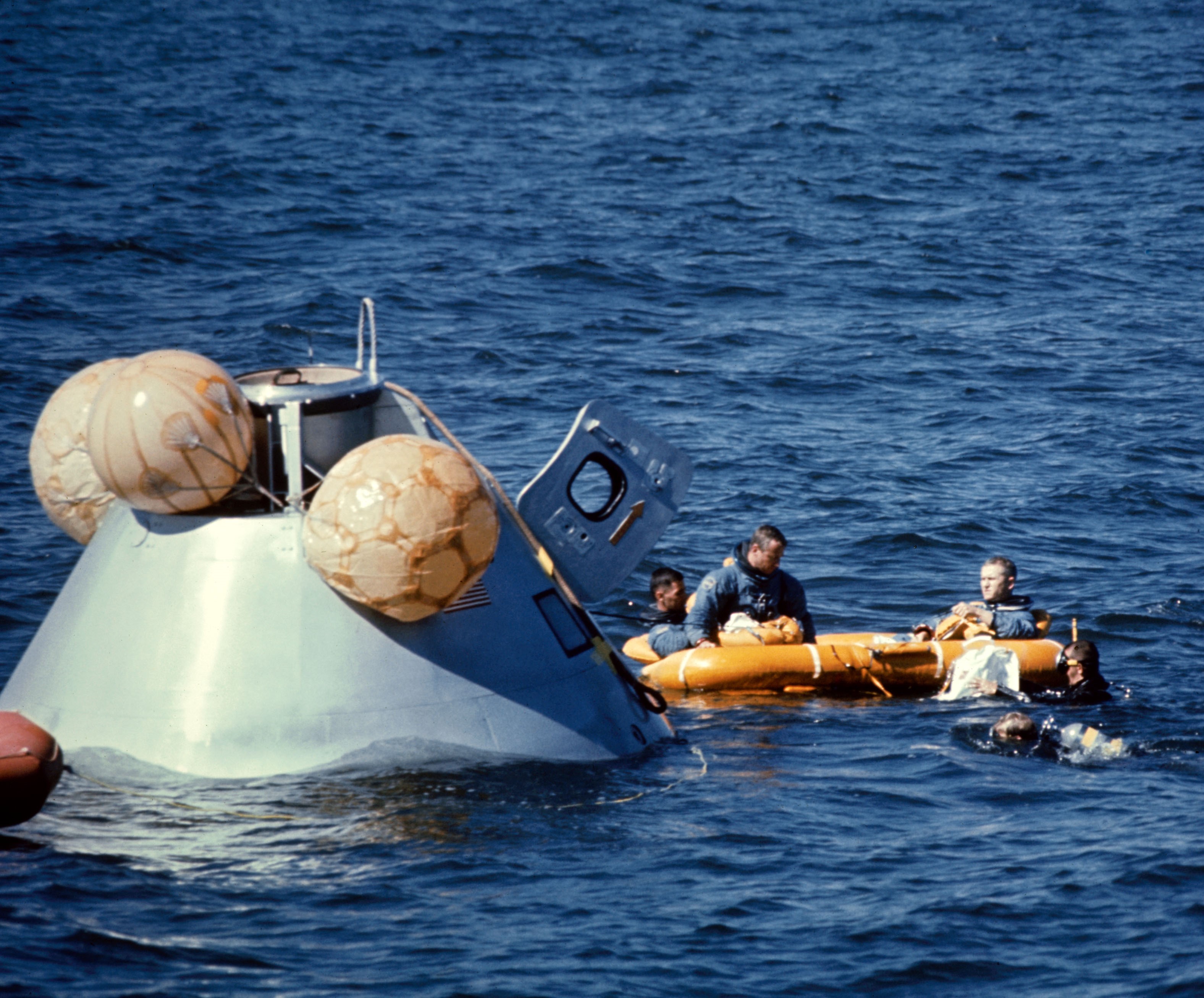 Anders, Lovell, and Borman in the life raft after egressing from their spacecraft