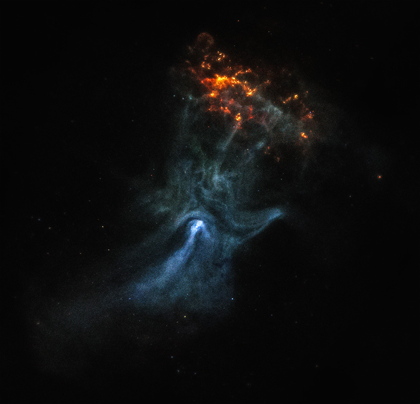 This release features a composite image of a pulsar wind nebula, which strongly resembles a ghostly white hand with sparkling fingertips