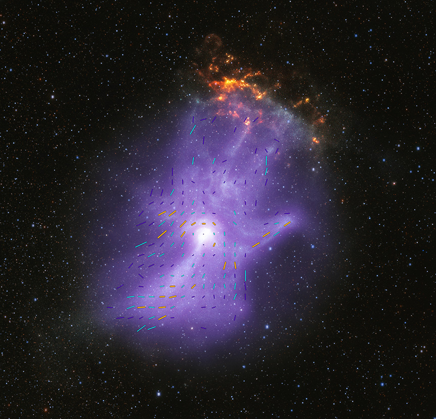 A ghostly looking purple hand in space.