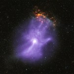 This release features a composite image of a pulsar wind nebula, which strongly resembles a ghostly purple hand with sparkling fingertips. A pulsar is a highly magnetized collapsed star that rotates and creates jets of matter flowing away from its poles. These jets, along with intense winds of particles, form pulsar wind nebulae. Here, the pulsar wind nebula known as MSH 15-52 resembles a hazy purple cloud set against a black, starry backdrop. Both NASA's Chandra X-ray Observatory and the Imaging X-ray Polarimetry Explorer (IXPE) have observed MSH 15-52. Their observations revealed that the shape of this pulsar wind nebula strongly resembles a human hand, including five fingers, a palm and wrist. The bright white spot near the base of the palm is the pulsar itself. The three longest fingertips of the hand-shape point toward our upper right, or 1:00 on a clock face. There, a small, mottled, orange and yellow cloud appears to sparkle or glow like embers. This orange cloud is part of the remains of the supernova explosion that created the pulsar. The backdrop of stars was captured in infrared light.