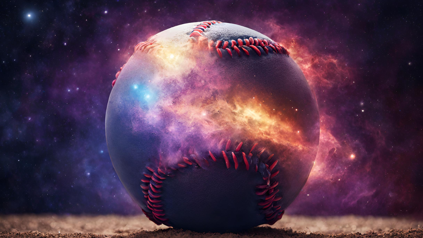 an image of a baseball on a field with a galaxy in the background