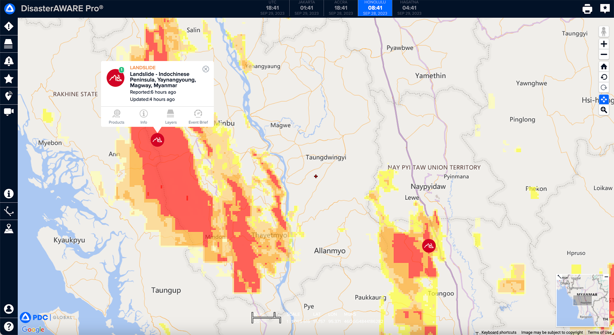 A screenshot from PDC DisasterAWARE showing a map of the Indochinese Peninsula. The land is gray and the water is blue, except for a region in the center of the map covered by red and orange polygons indicating increased landslide hazard risk. There is a toolbar on the left side of the image, and an icon over the landslide region indicating a landslide event may be occurring.