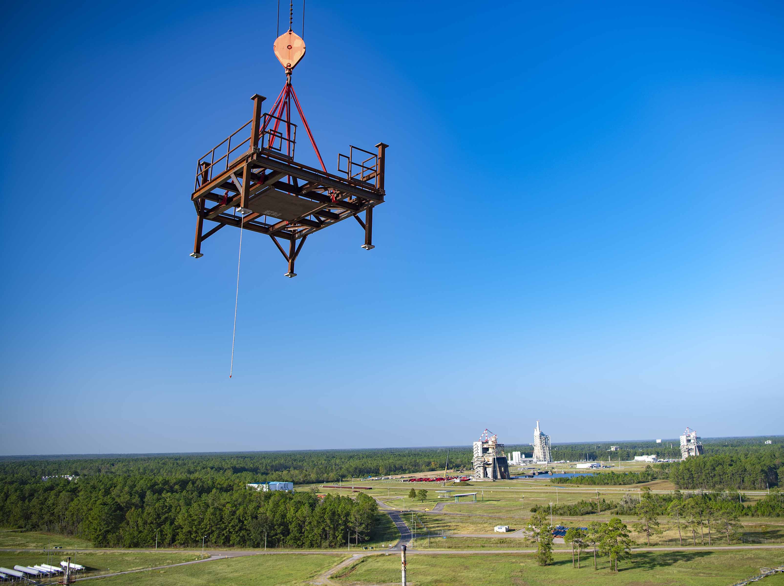 umbilical support structure at the site’s B-2 Test Stand for future testing of the new Exploration Upper Stage (EUS) that will fly on future Artemis missions to the Moon and beyond.