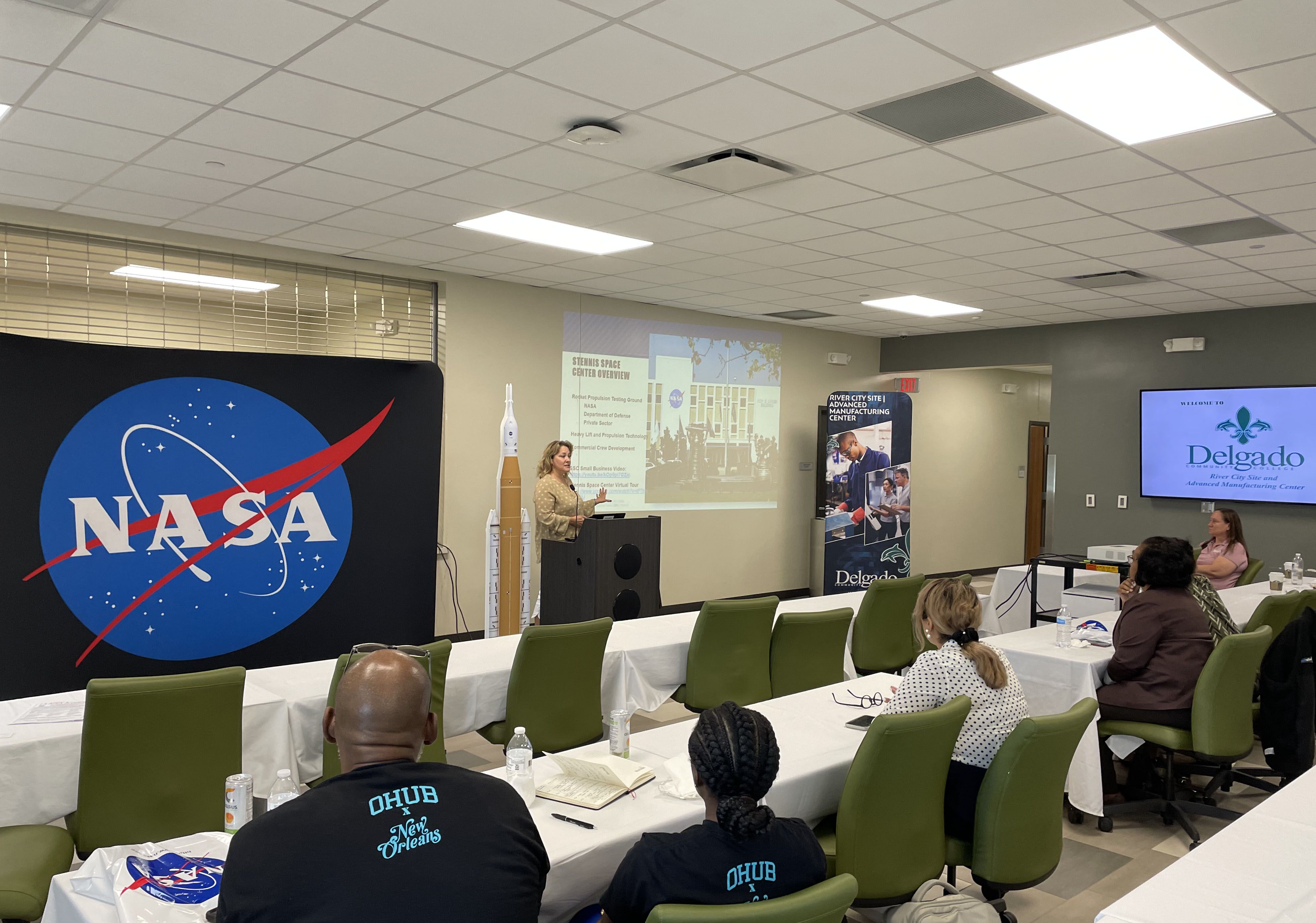 A NASA Stennis representative speaking to audience during NASA Day at Delgado