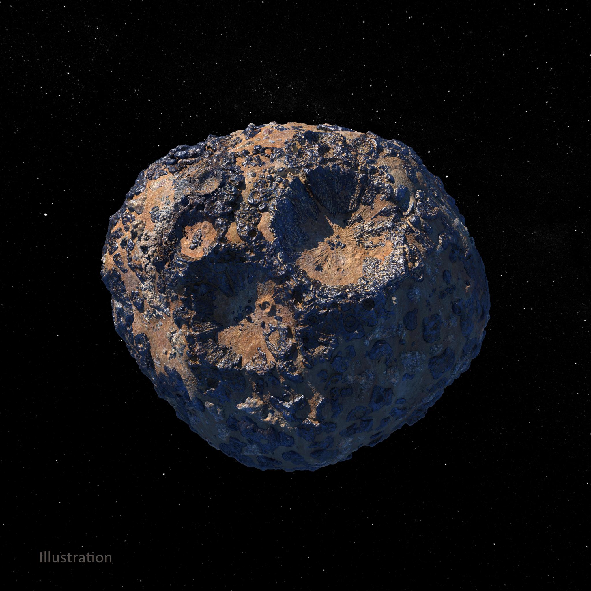An artist's concept of a large asteroid with two massive depressions and many other impact craters.