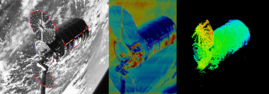 The Raven images above show a Cygnus spacecraft visiting the International Space Station. View in visible (left), infrared (center) and lidar (right)