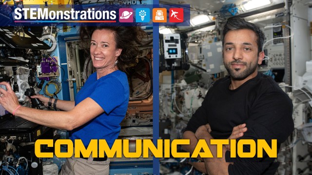 Thumbnail for STEMonstrations video about communication, showing a female and male astronaut on the ISS