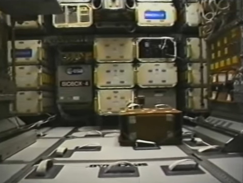 The crew’s first view of the interior of the Spacehab module
