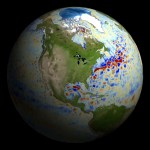 This animation shows global sea level data collected by the Surface Water and Ocean Topography satellite from July 26 to Aug. 16. Red and orange indicate higher-than-average ocean heights, while blue represents lower-than-average heights.