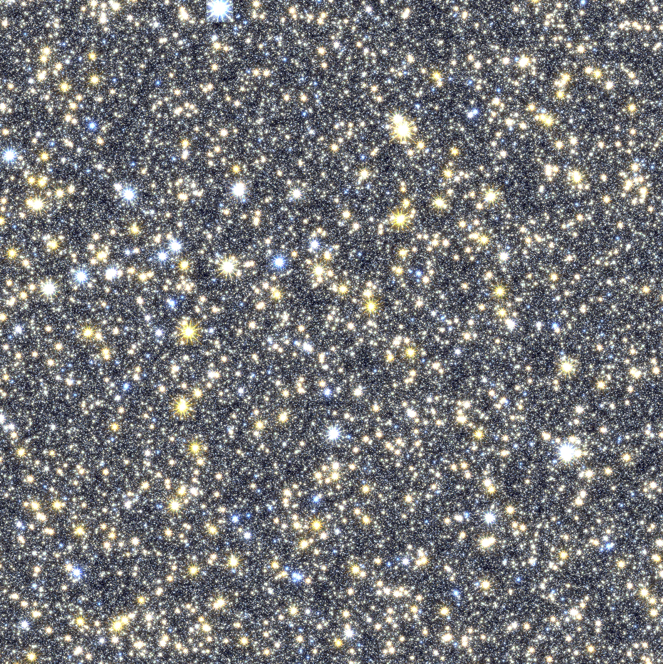 Many thousands of bright, explosive looking stars speckle the screen. The smallest ones are white pinpoints, strewn across the screen like spilled salt. Larger ones are yellow and bluish white and they have spiky outer edges like sea urchins.