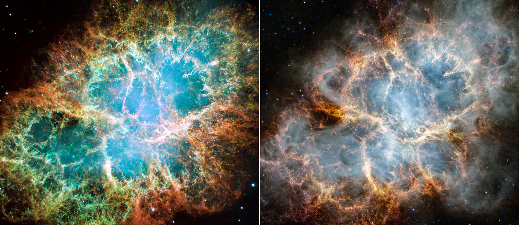 A side-by-side-comparison of the Crab Nebula as seen by the Hubble Space Telescope in optical light (left) and the James Webb Space Telescope in infrared light (right). In both images, the oval nebula’s complex structure lies against a black background. On the nebula’s exterior, particularly at the top left and bottom left, lie curtains of glowing red and orange fluffy material. Interior to this outer shell lie large-scale loops of mottled filaments of yellow-white and green, studded with clumps and knots. In the Hubble image, the central interior of the nebula glows brightly, while the Webb image shows translucent thin ribbons of smoky white in the same area. Around and within the supernova remnant are many points of blue-white light in the Hubble image, and blue, red, and yellow light in the Webb image.