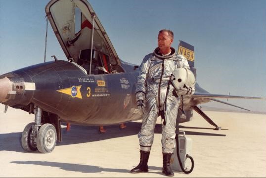 NASA pilot Milton O. Thompson poses in front of X-15-3