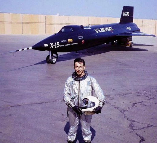 North American pilot A. Scott Crossfield poses in front of the X-15-1