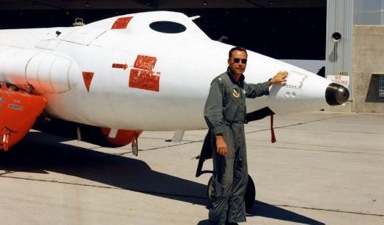 Air Force pilot William J. “Pete” Knight poses with X-15A-2 with its unusual white outer paint over an ablative coating