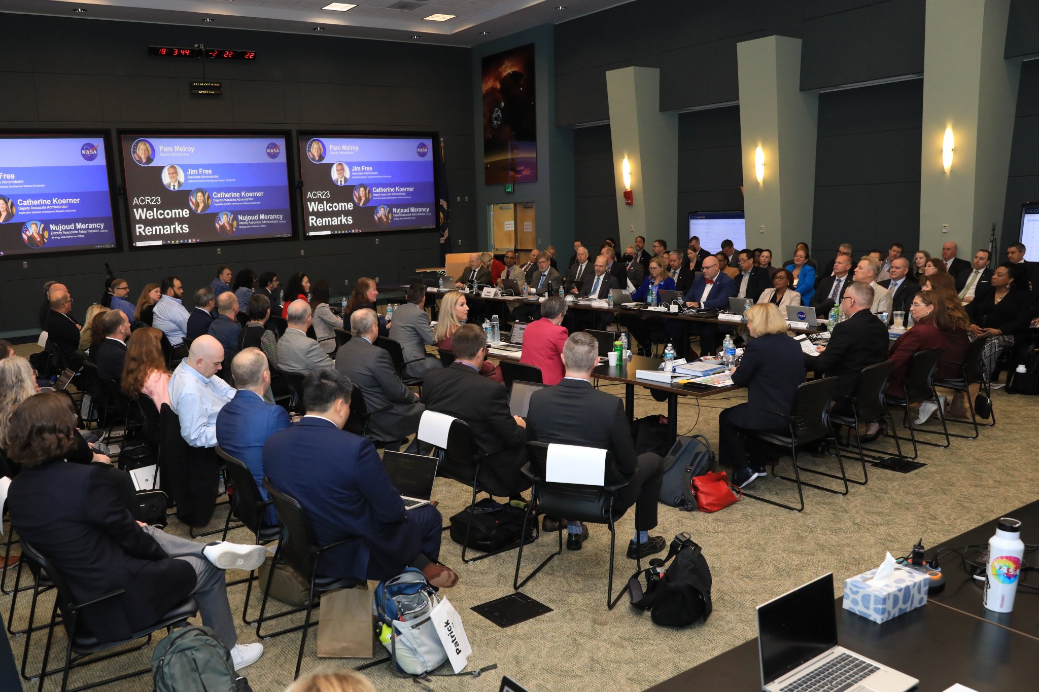 Architecture Concept Review attendees listen to welcome remarks from NASA leadership on Nov. 14, 2023, at NASA’s Kennedy Space Center in Florida. Attendees included representatives from all of NASA’s centers, leaders from all of NASA’s mission directorates, various technical authorities, and other stakeholders across the agency.