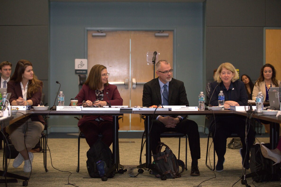 NASA leadership gives opening remarks at the review. From left to right: Casey Swails, deputy associate administrator; Catherine Koerner, deputy associate administrator for the Exploration Systems Development Mission Directorate; Jim Free, associate administrator for the Exploration Systems Development Mission Directorate; and Pam Melroy, deputy administrator.