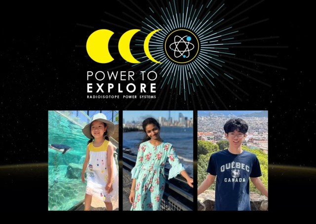 The winners of NASA’s 2024 Power to Explore Student Challenge are: 9-year-old Raine Lin, left, 12-year-old Aadya Karthik, and 18-year-old Thomas Liu.