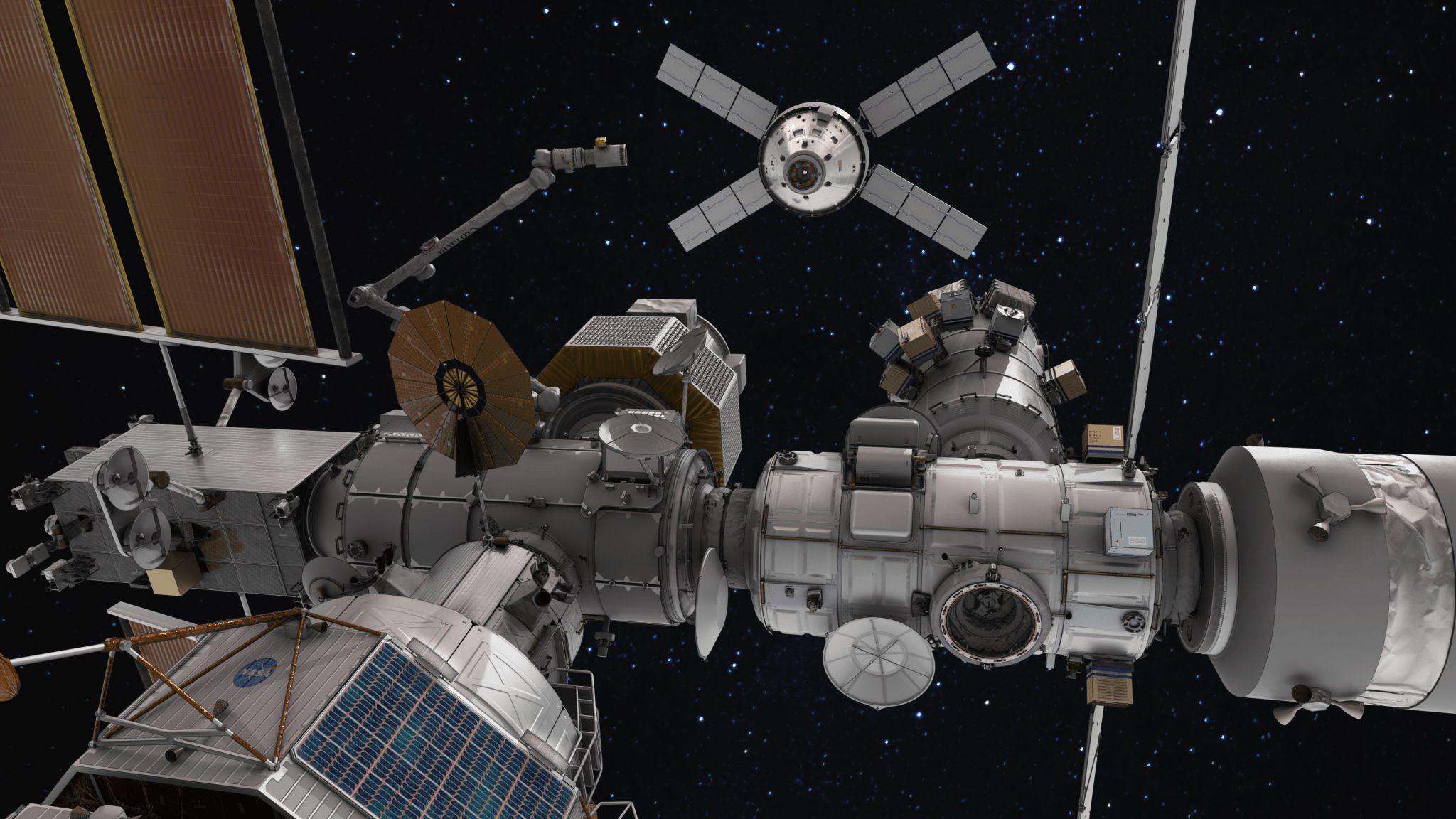 A rendering of the full Gateway configuration with Orion approaching.