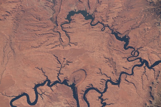 iss070e008779 (Oct. 20, 2023) -- As the International Space Station orbited 260 miles above Southeastern Utah, Lake Powell is seen winding through the rugged landscape of Glen Canyon National Recreation Area. As one of two water storage reservoirs for the Colorado River Basin, it stretches nearly 186 miles through Arizona and Utah.