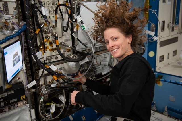 iss070e014472 (Oct. 30, 2023) -- NASA astronaut and Expedition 70 Flight Engineer Loral O'Hara replaces hardware inside the Plant Habitat facility to prep for future experiments investigating genetic responses and immune system function of tomatoes in microgravity.