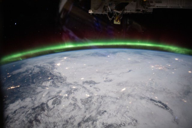 iss070e014995 (Oct. 28, 2023) -- An aurora glows in Earth's atmosphere as the International Space Station soared 260 miles above Utah during orbital nighttime.