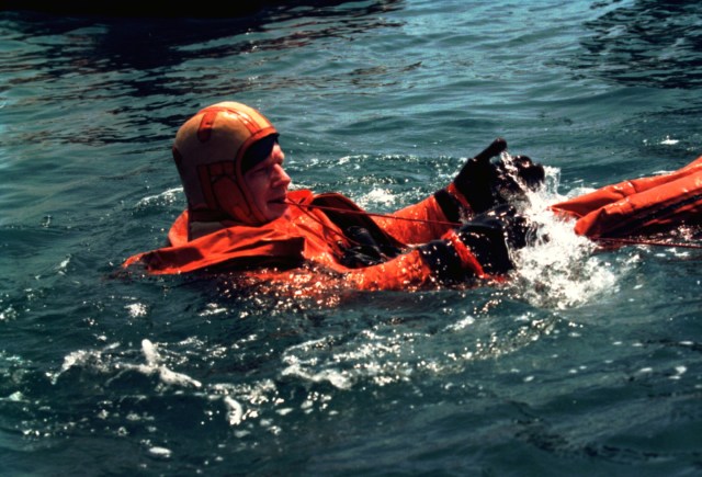 Astronaut Bill Shepherd, commander of the first International Space Station crew, goes through water survival training in the Black Sea recently. Such training would be needed if the Russian Soyuz spacecraft were to land in the water instead of on land as is normal. Shepherd, along with crew members cosmonauts Yuri Gidzenko, the Soyuz commander, and Flight Engineer Sergei Krikalev, will launch on a Russian Soyuz spacecraft to the new station in January 1999. They will return on a U.S. Space Shuttle five months later, however, and the Soyuz spacecraft will remain attached to the station as a lifeboat.