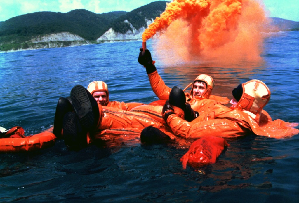 The first International Space Station crew, from left Soyuz Commander Yuri Gidzenko, Flight Engineer Sergei Krikalev and International Space Station Commander Bill Shepherd, practice water survival skills in the Black Sea recently. The skills would be needed in the event a Soyuz spacecraft landed in the water rather than on land as is normal. The crew is scheduled to launch to the new station in January 1999 aboard a Russian Soyuz spacecraft.