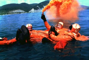 The first International Space Station crew, from left Soyuz Commander Yuri Gidzenko, Flight Engineer Sergei Krikalev and International Space Station Commander Bill Shepherd, practice water survival skills in the Black Sea recently. The skills would be needed in the event a Soyuz spacecraft landed in the water rather than on land as is normal. The crew is scheduled to launch to the new station in January 1999 aboard a Russian Soyuz spacecraft.