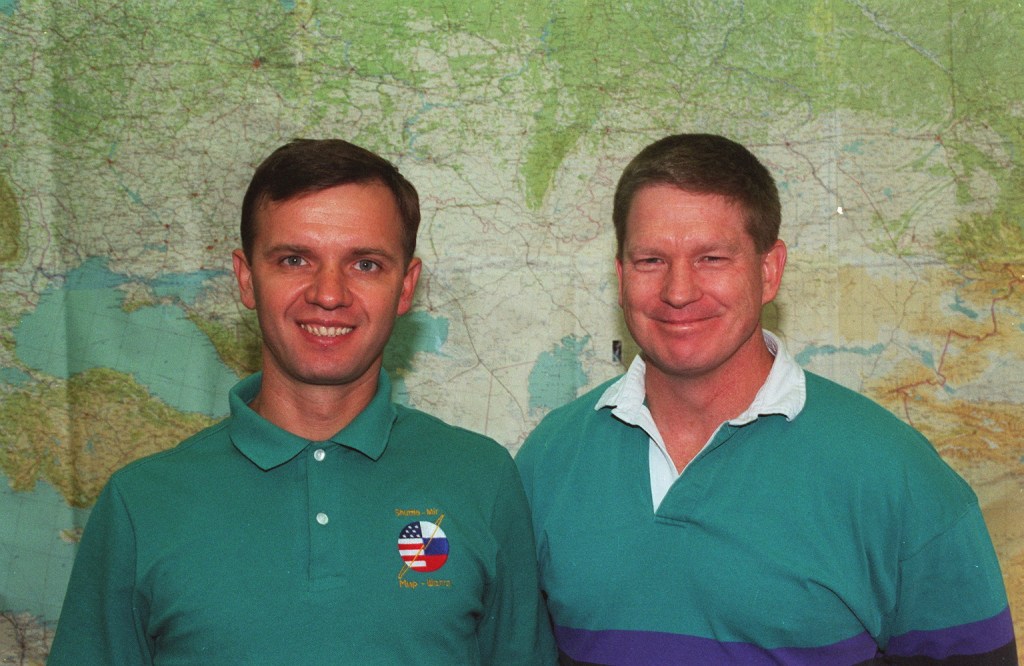 Soyuz Commander and Cosmonaut Yuri Gidzenko and International Space Station Commander and Astronaut Bill Shepherd pose during training activities at the Gagarin Cosmonaut Training Center in Star City, Russia. Gidzenko and Shepherd will be joined by Flight Engineer and Cosmonaut Sergei Krikalev as the first crew to live aboard the new station. They will be launched to the station aboard a Russian Soyuz spacecraft in January 1999.