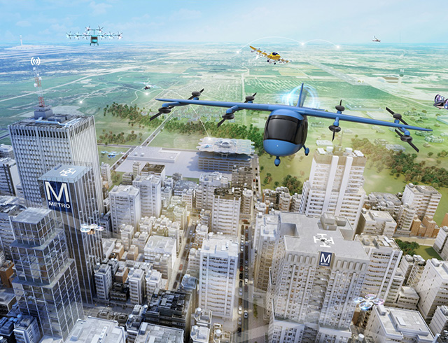 Advanced Air Mobility, with its many vehicle concepts and potential uses in both local and intraregional applications, is shown
