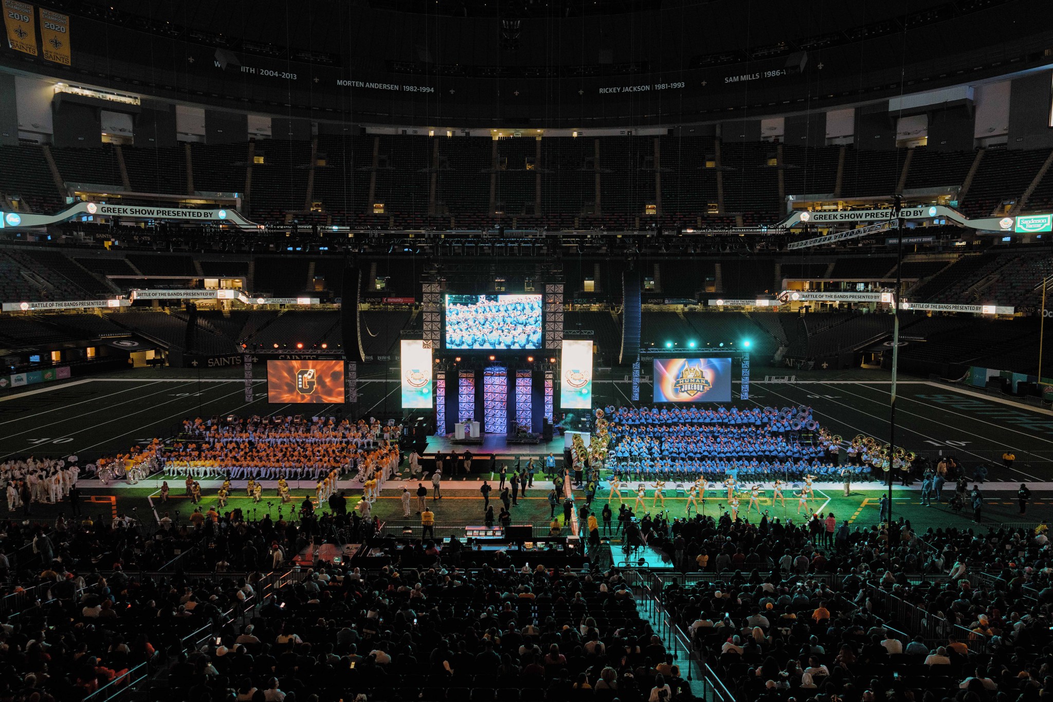 Wide image of the Battle of the Bands from the 2022 Bayou Classic at the Superdome in New Orleans.