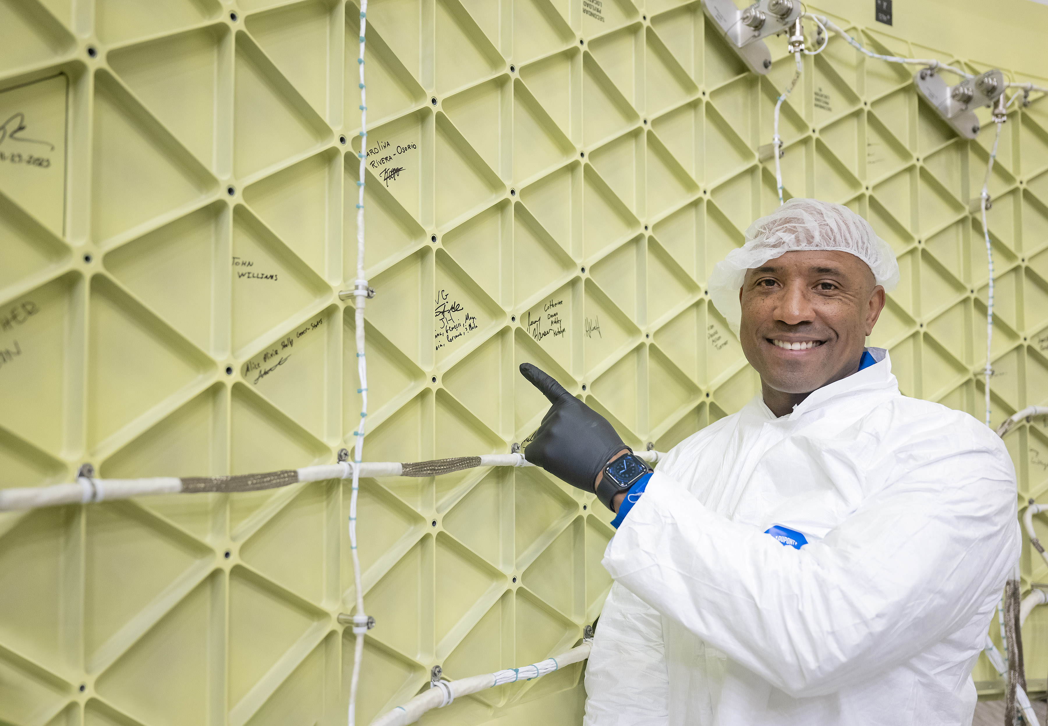 Artemis II Astronaut Victor Glover visits Marshall Space Flight Center in Huntsville, AL on Nov. 27 and signs the Artemis II Orion stage adapter.