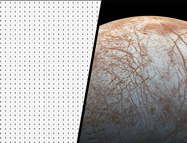 A split image showing binary code in a grid on the left and an image of Jupiter’s icy moon Europa on the right