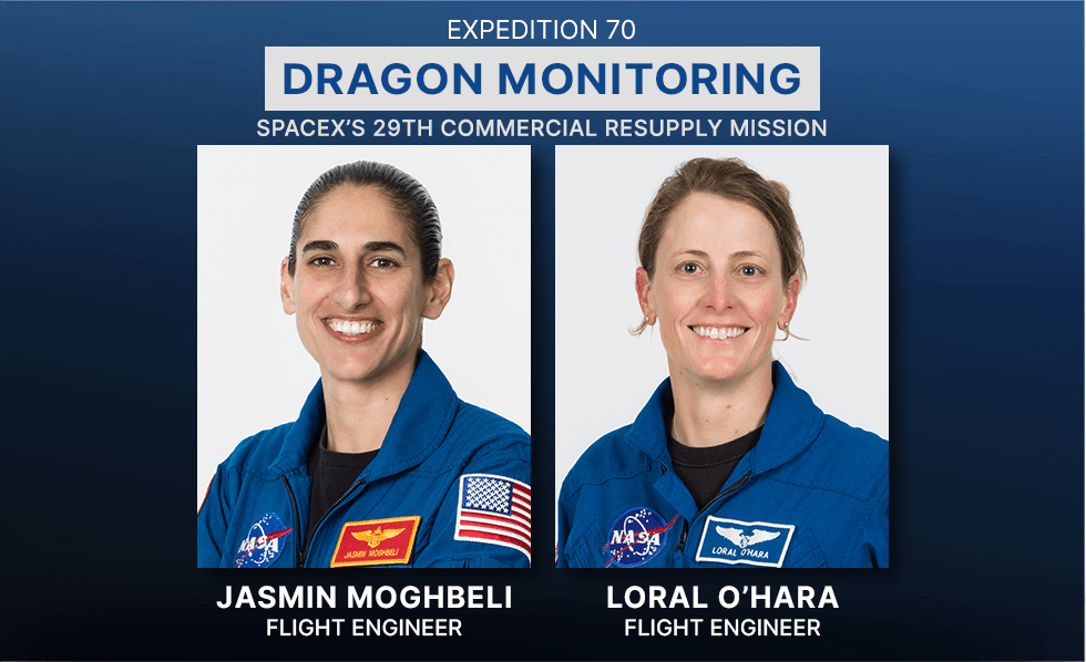 Expedition 70. Dragon Monitoring. SpaceX's 29th Commercial Resupply Mission. Flight Engineers Jasmin Moghbeli and Loral O'Hara.
