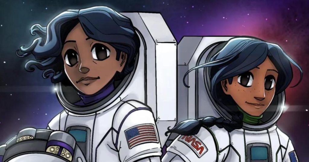 Female characters, Commander Callie Rodriguez, left, and astronaut Meshaya Billy, right, stand next to each other in spacesuits.    