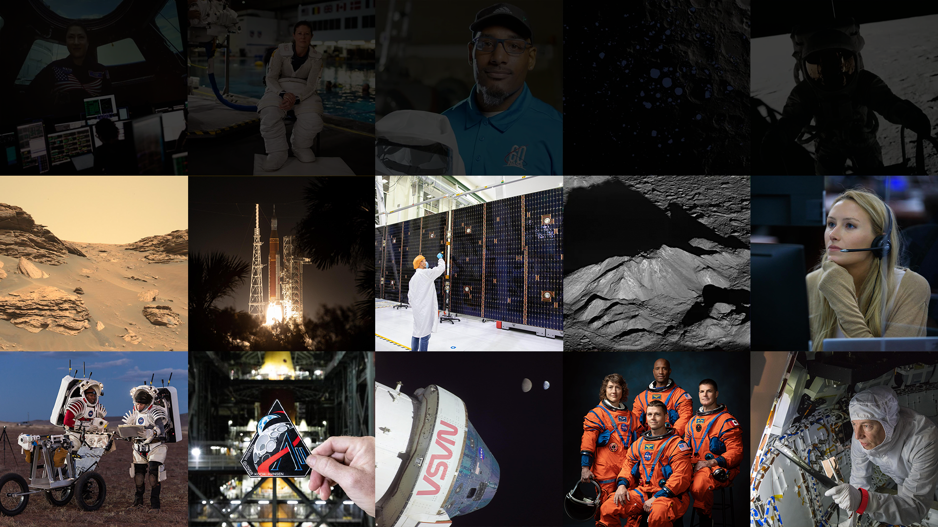 A dramatic 15-image collage of the employees who work on the Artemis program, including the Artemis II crew.
