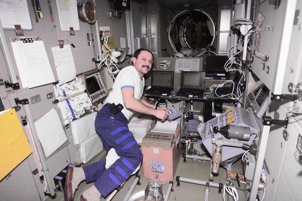Cosmonaut Yury V. Usachev of Rosaviakosmos, Expedition Two commander, floats onboard the Zvezda Service Module. Usachev and two NASA astronauts recently took over residency on the orbital outpost from the initial station crew, who had been onboard since early November 2000. The image was recorded with a digital still camera.